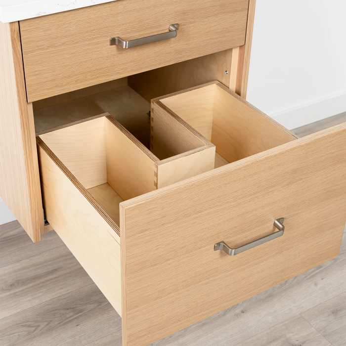 Ashbury 24" White Oak Vanity – Drawer Interior Close-Up with Dovetail Joinery