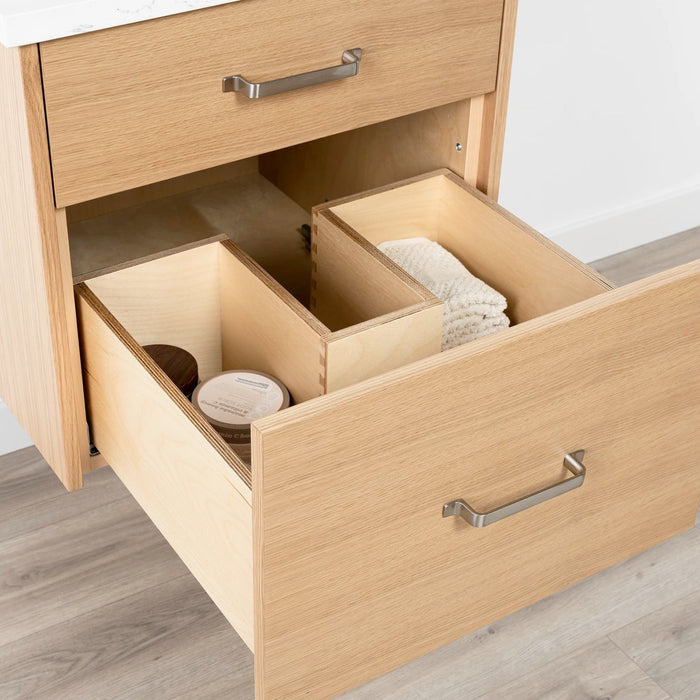 Ashbury 24" White Oak Vanity – Lower Drawer Open View Showing Storage Space