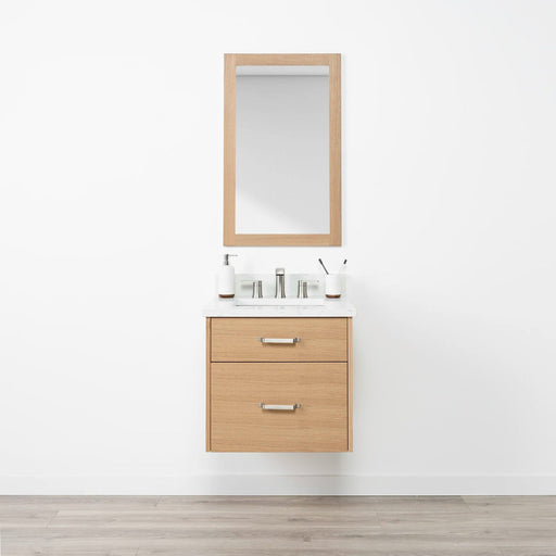 Ashbury 24" Wall-Mounted White Oak Vanity – Front View with Arctic Trace Faucet in Brushed Nickel