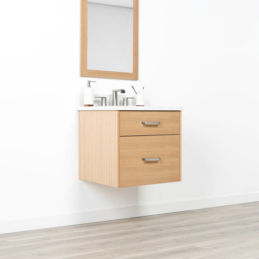 Ashbury 24" Wall-Mounted White Oak Vanity – Left Side Closed View with Arctic Trace Faucet
