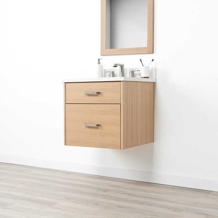 Ashbury 24" Wall-Mounted White Oak Vanity – Right Side Closed View with Arctic Trace Faucet