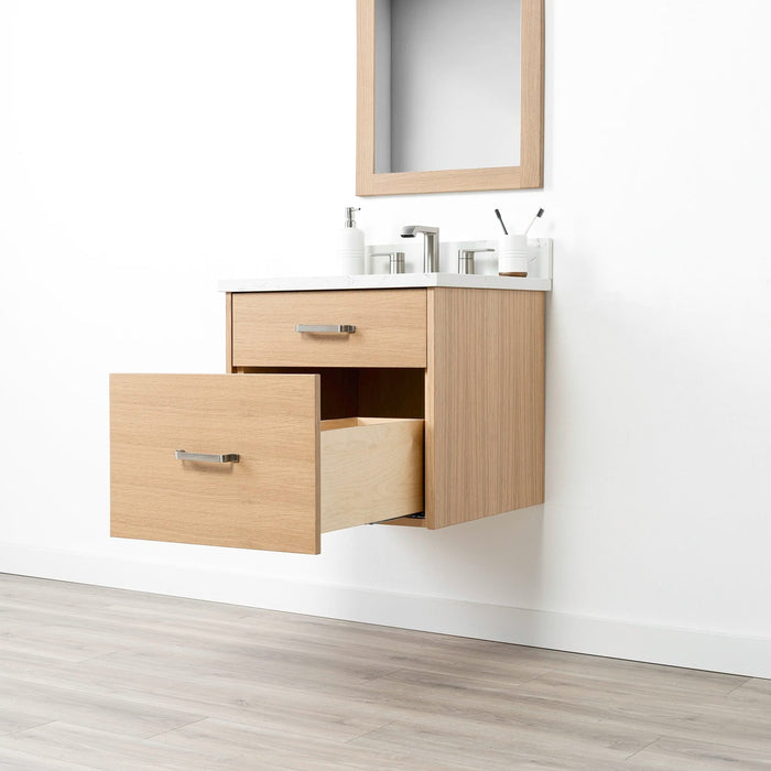 Ashbury 24" Wall-Mounted White Oak Vanity – Right Side Open View with Arctic Trace Faucet