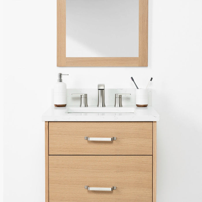 Ashbury 24" Wall-Mounted White Oak Vanity – Sink Top View with Arctic Trace Brushed Nickel Faucet