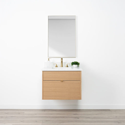 Ashbury 30" White Oak Wall-Mounted Vanity with Arctic Trace Countertop and Gold Pulls – Front View