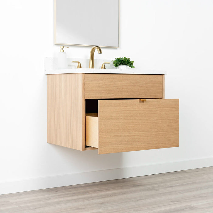 Ashbury 30" White Oak Wall-Mounted Vanity – Left Side Open with Drawer Pulled Out
