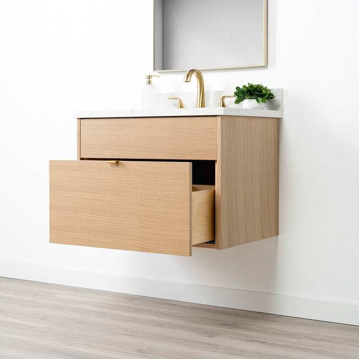 Ashbury 30" White Oak Wall-Mounted Vanity – Right Side Closed with Gold Pulls