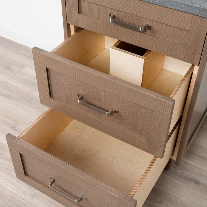 Bridgeport 24" Almond Coast Vanity – Close-Up Drawer View with Brushed Nickel Handle (Shot 1)