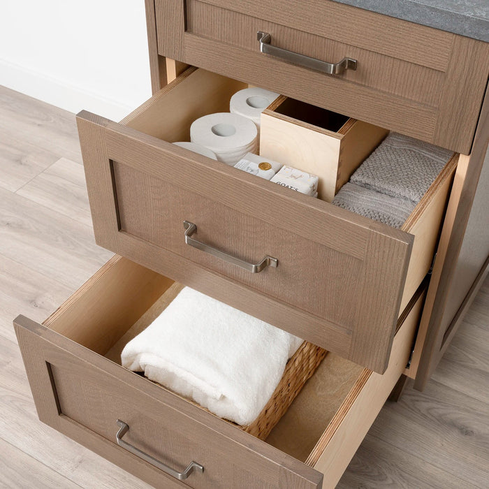 Bridgeport 24" Almond Coast Vanity – Close-Up Drawer View with Brushed Nickel Handle (Shot 2)