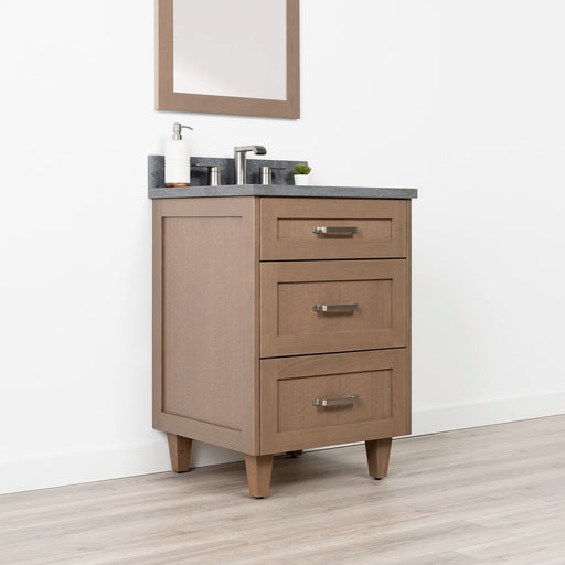 Bridgeport 24" Almond Coast Vanity – Left Angle with Brushed Nickel Handles, Drawers Closed