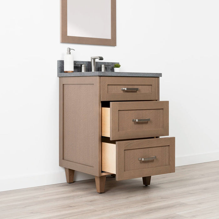 Bridgeport 24" Almond Coast Vanity – Left Angle with Drawers Open and Brushed Nickel Handles