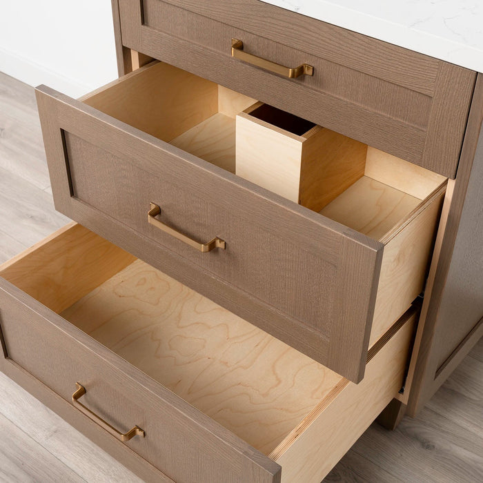 Bridgeport 30 Almond Coast Arctic Trace Gold Handles Drawer 1Copy - High-End Bathroom Vanity - Facility Supply Pro Canada