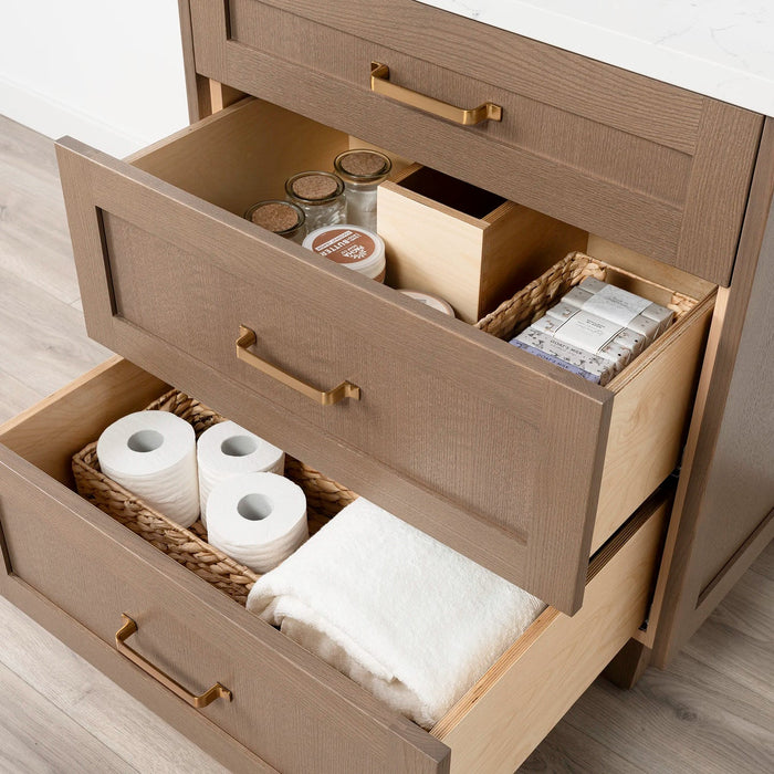 Bridgeport 30 Almond Coast Arctic Trace Gold Handles Drawer 2Copy - High-End Bathroom Vanity - Facility Supply Pro Canada