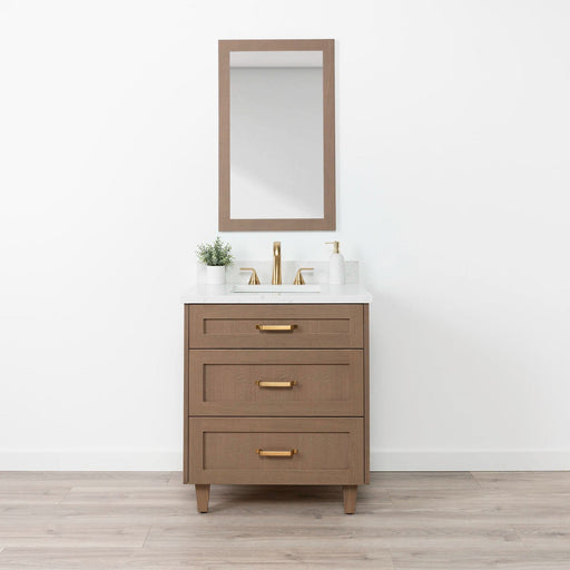 Bridgeport 30 Almond Coast Arctic Trace Gold Handles Front Closedcopy - High-End Bathroom Vanity - Facility Supply Pro Canada