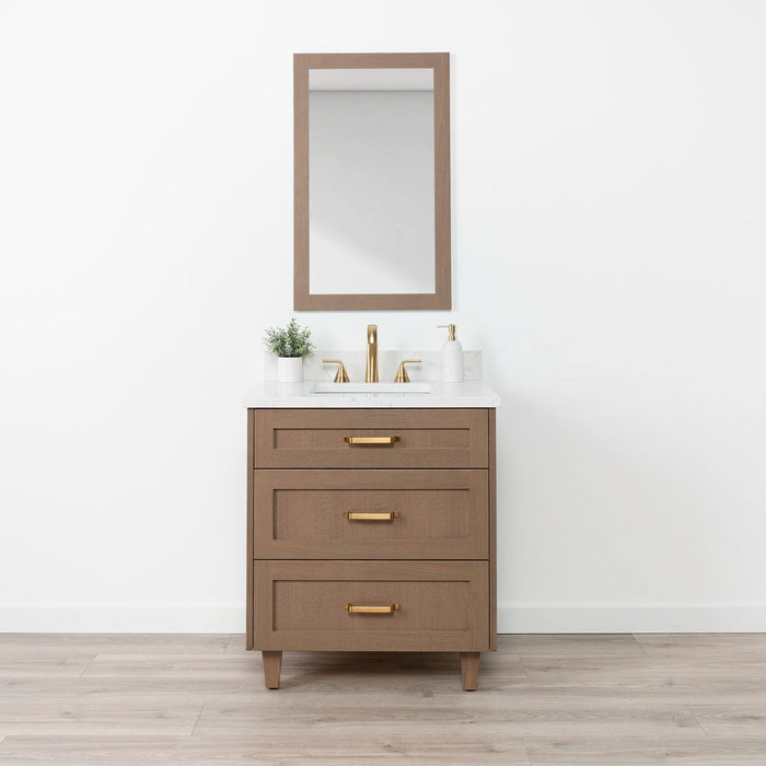 Bridgeport 30 Almond Coast Arctic Trace Gold Handles Front Closedcopy - High-End Bathroom Vanity - Facility Supply Pro Canada
