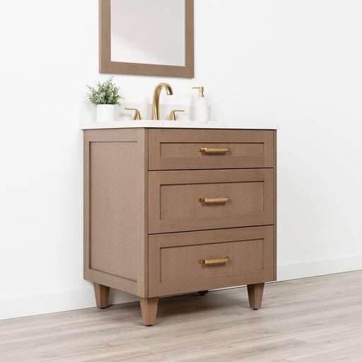 Bridgeport 30 Almond Coast Arctic Trace Gold Handles Left Closedcopy - High-End Bathroom Vanity - Facility Supply Pro Canada