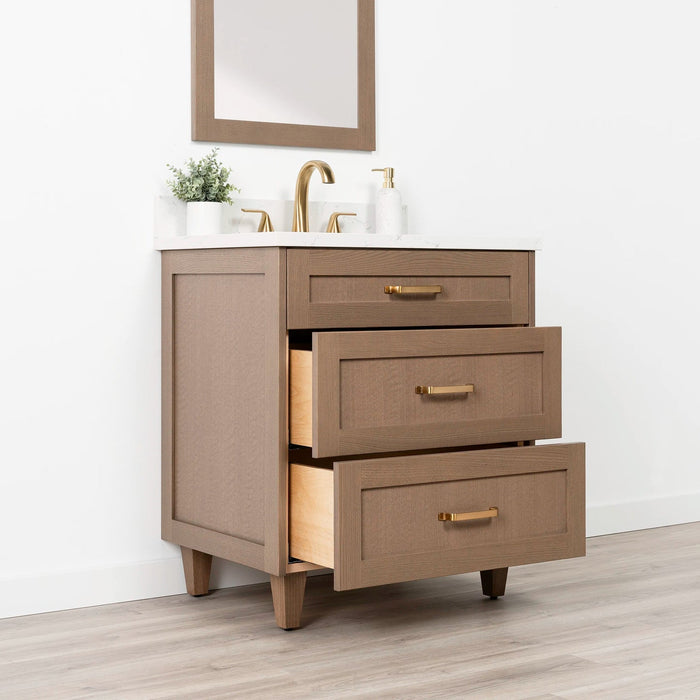 Bridgeport 30 Almond Coast Arctic Trace Gold Handles Left Opencopy - High-End Bathroom Vanity - Facility Supply Pro Canada