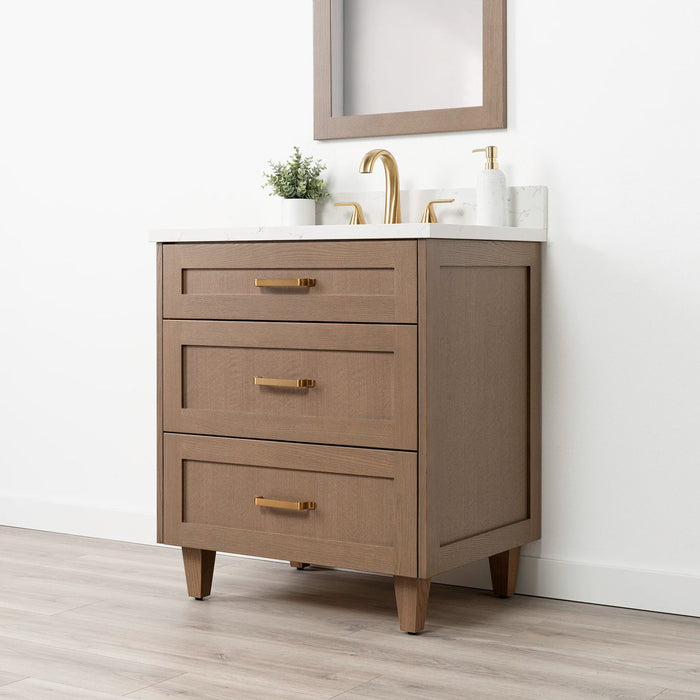 Bridgeport 30 Almond Coast Arctic Trace Gold Handles Right Closedcopy - High-End Bathroom Vanity - Facility Supply Pro Canada