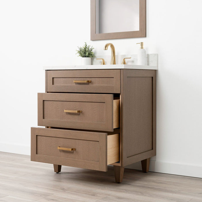 Bridgeport 30 Almond Coast Arctic Trace Gold Handles Right Opencopy - High-End Bathroom Vanity - Facility Supply Pro Canada