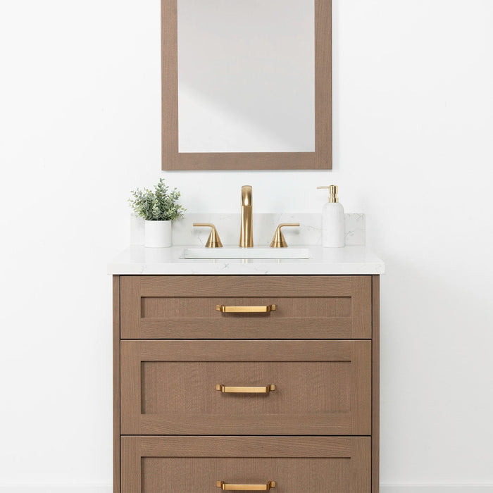 Bridgeport 30 Almond Coast Arctic Trace Gold Handles Sink Close Upcopy - High-End Bathroom Vanity - Facility Supply Pro Canada