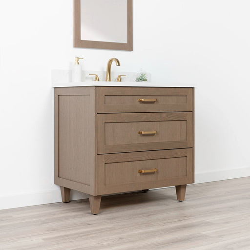 Bridgeport 36 AlmondCoast ArticWhite OldHandlesGold LeftAngle Closedcopy?v=1750797258 - Premium Bathroom Vanity for Canadian Homes and Businesses