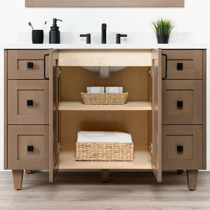 Bridgeport 48 AlmondCoast ArticTrace OldHandleBlack ClosedUpShot Open Doors copy?v=1751326671 - Premium Bathroom Vanity for Canadian Homes and Businesses - Facility Supply Pro