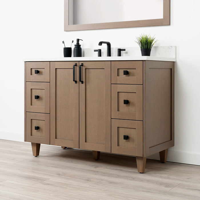 Bridgeport 48 AlmondCoast ArticTrace OldHandleBlack Right Closecopy?v=1751326671 - Premium Bathroom Vanity for Canadian Homes and Businesses - Facility Supply Pro