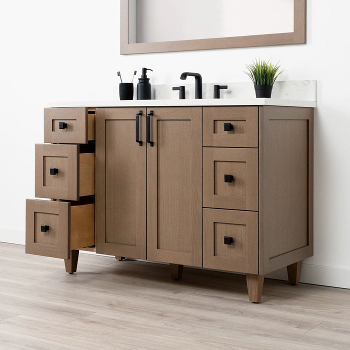 Bridgeport 48 AlmondCoast ArticTrace OldHandleBlack Right OpenLeftDrawerscopy?v=1751326671 - Premium Bathroom Vanity for Canadian Homes and Businesses - Facility Supply Pro