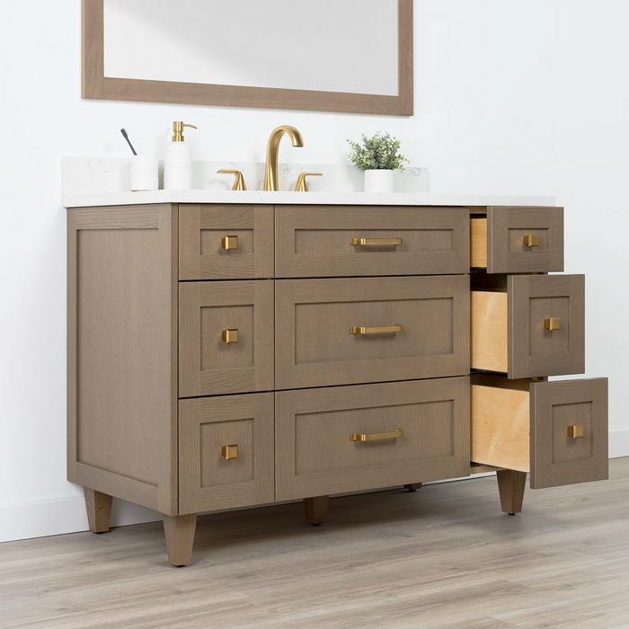 Bridgeport 48 AlmondCoast ArticTrace OldHandles KnobsGold LeftAngle OpenRightDrawerscopy?v=1751326739 - Premium Bathroom Vanity for Canadian Homes and Businesses - Facility Supply Pro