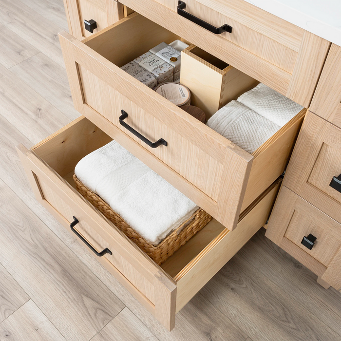 Bridgeport 48 WhiteOak ArticTrace OldHandles KnobsBlack CloseUpShot OpenCenterDrawers2copy?v=1751327140 - Premium Bathroom Vanity for Canadian Homes and Businesses - Facility Supply Pro