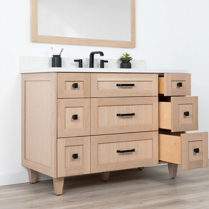 Bridgeport 48 WhiteOak ArticTrace OldHandles KnobsBlack LeftAngle OpenRightDrawerscopy?v=1751327140 - Premium Bathroom Vanity for Canadian Homes and Businesses - Facility Supply Pro