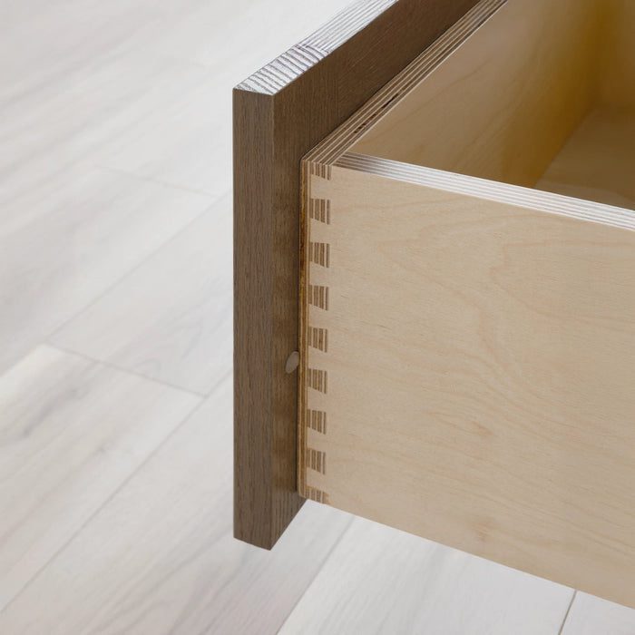 Bridgeport Linencabinet Almondcoast Closeupshot Dovetailshot - High-End Bathroom Vanity - Facility Supply Pro Canada