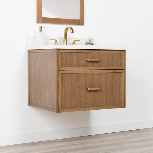 Capebreton 30 Midcenturyoak Artictrace Oldhandlesgold Leftangle Closedcopy - High-End Bathroom Vanity - Facility Supply Pro Canada