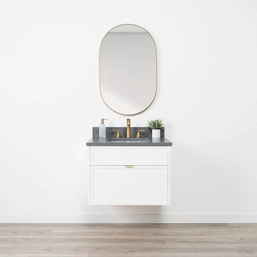 Capebreton 30 Satinwhite Concretegrey Newedgepullgold Frontshot Closedcopy - High-End Bathroom Vanity - Facility Supply Pro Canada