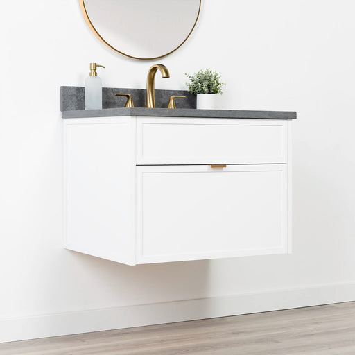 Capebreton 30 Satinwhite Concretegrey Newedgepullgold Leftangle Closedcopy - High-End Bathroom Vanity - Facility Supply Pro Canada