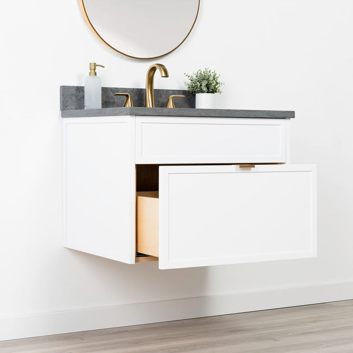 Capebreton 30 Satinwhite Concretegrey Newedgepullgold Leftangle Opendrawercopy - High-End Bathroom Vanity - Facility Supply Pro Canada