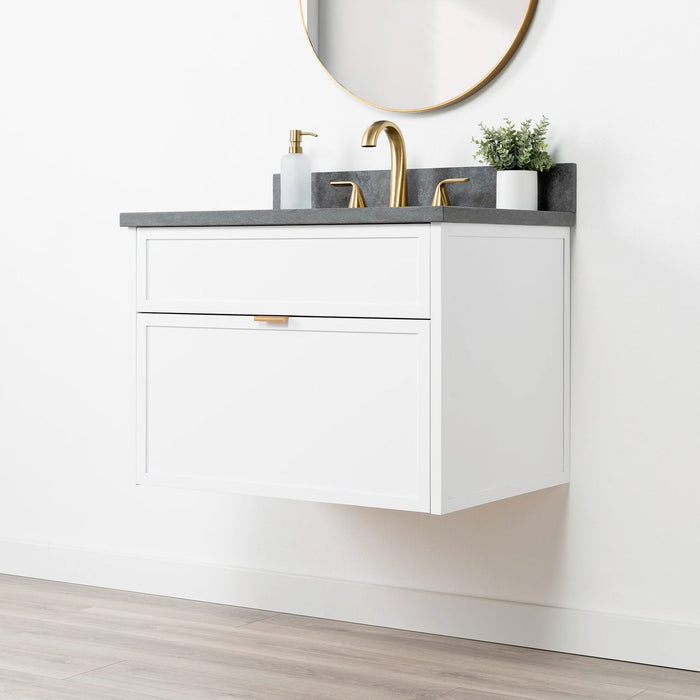 Capebreton 30 Satinwhite Concretegrey Newedgepullgold Rightangle Closedcopy - High-End Bathroom Vanity - Facility Supply Pro Canada
