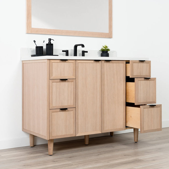 CapeBreton 48 WhiteOak ArticTrace NewEdgePullsBlack LeftAngle OpenRightDrawerscopy?v=1751327812 - Premium Bathroom Vanity for Canadian Homes and Businesses - Facility Supply Pro