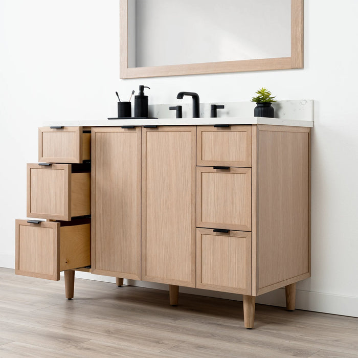 CapeBreton 48 WhiteOak ArticTrace NewEdgePullsBlack RightAngle OpenLeftDrawerscopy?v=1751327812 - Premium Bathroom Vanity for Canadian Homes and Businesses - Facility Supply Pro