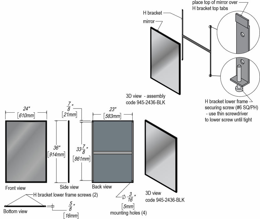 Detail of matte black finish and 5mm float glass on Frost 945-24x36-BLK institutional mirror