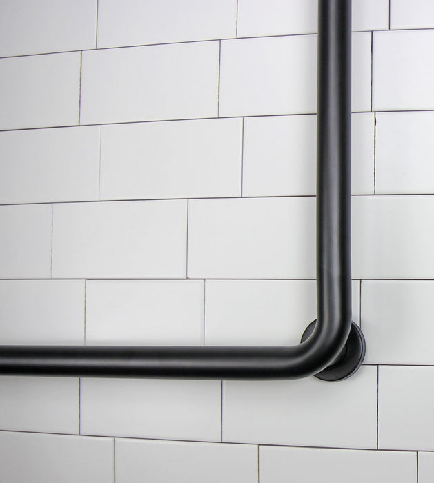 Durable stainless steel L-shaped grab bar with snap on flanges in matte black