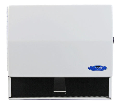 Frost 101-1 white steel paper towel dispenser with lock close-up
