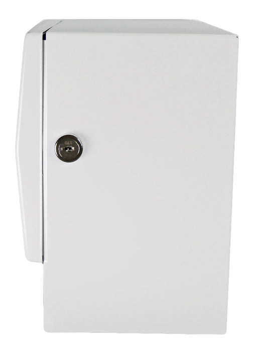 Frost 101-1 white steel paper towel dispenser with lock side view