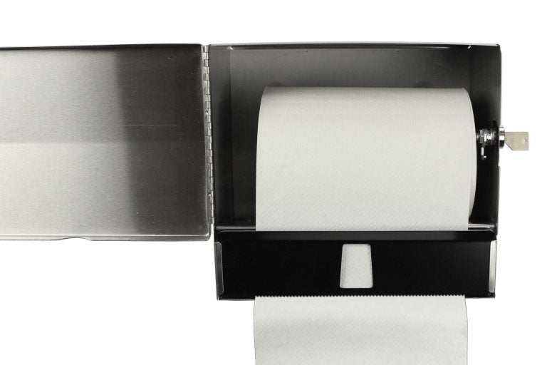 Frost 103-1 stainless steel paper towel dispenser with lock open view