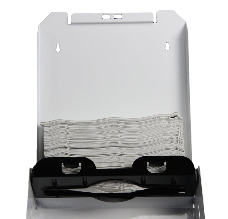 Frost 105 white steel C-fold paper towel dispenser open filled view