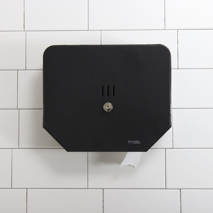 Frost 166-BLK matte black jumbo toilet tissue dispenser in use