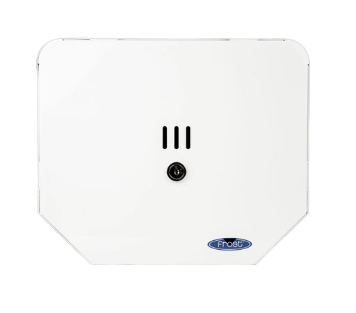 Frost 166 white steel jumbo toilet tissue dispenser close-up front