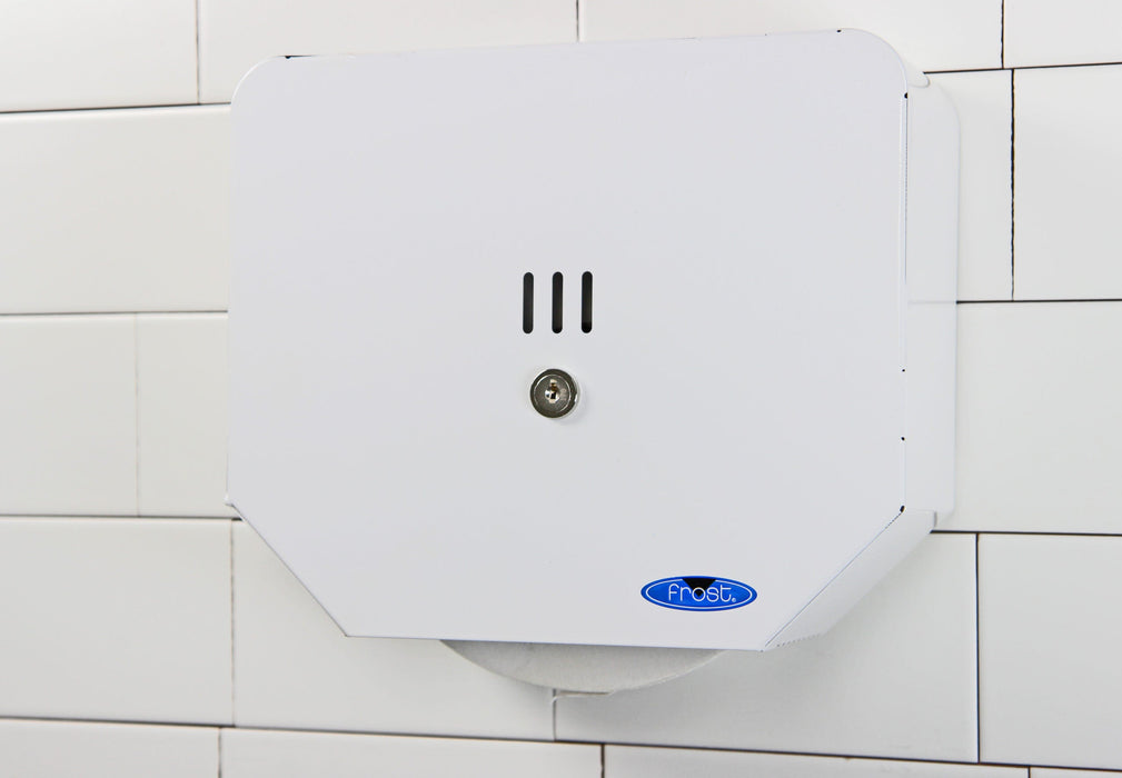 Frost 168 white steel double jumbo toilet tissue dispenser in use
