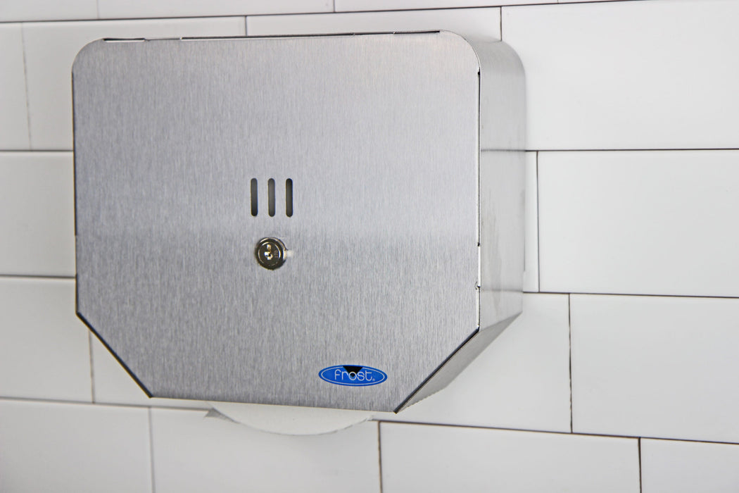 Frost 168-S stainless steel double jumbo toilet tissue dispenser angled view