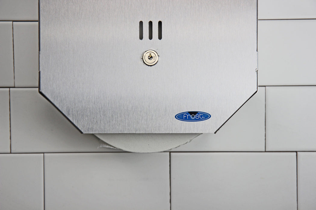 Frost 168-S stainless steel double jumbo toilet tissue dispenser in use
