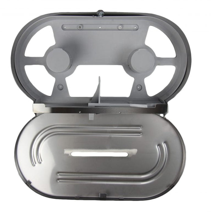 Frost 169 white steel vertical jumbo toilet tissue dispenser open view